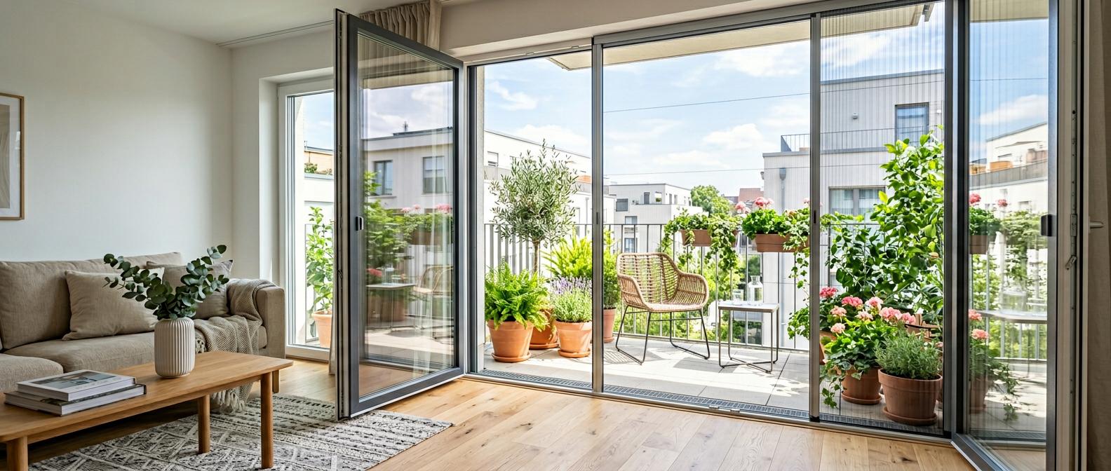 Soggiorno moderno e luminoso con zanzariere su misura a Perugia dettaglio di un modello plissettato per portafinestra, con rete invisibile e guida a pavimento ribassata.