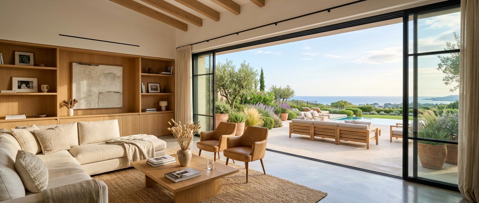 Soggiorno moderno con finestre scorrevoli a Perugia: grande apertura luminosa per unire in modo elegante spazi interni e terrazzo.