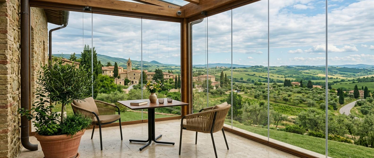 Vetrate VEPA a Perugia: un terrazzo trasformato in un ambiente luminoso, vivibile e protetto dal vento, in regime di edilizia libera.